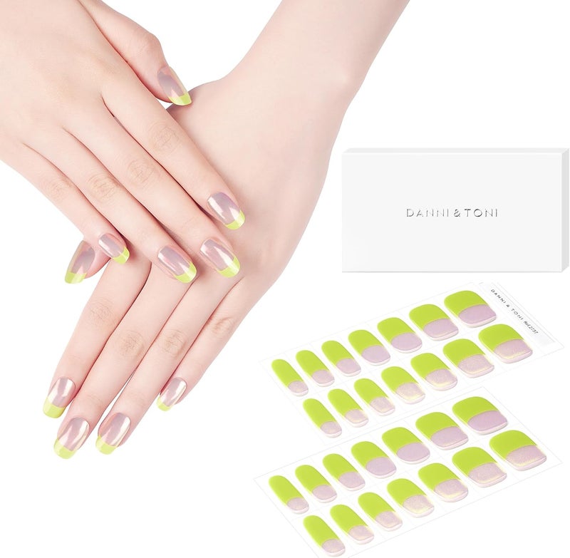 DANNI & TONI Semi Cured Gel Nail Strips Neon Green French Tips Aurora Gel Nail Wraps Mirror Nails 28 Stickers | Neon Petal - Image 1